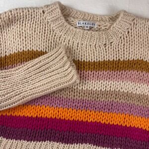 BLAKELYE Chunky Knit Striped Crew Neck Sweater Beige Pink Orange XS‎